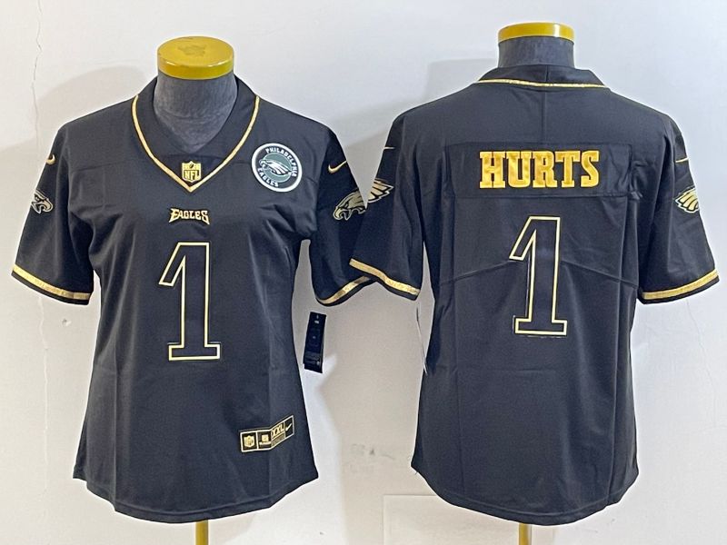 Youth Philadelphia Eagles #1 Hurts Black gold 2025 Nike Vapor Limited NFL Jersey style 4